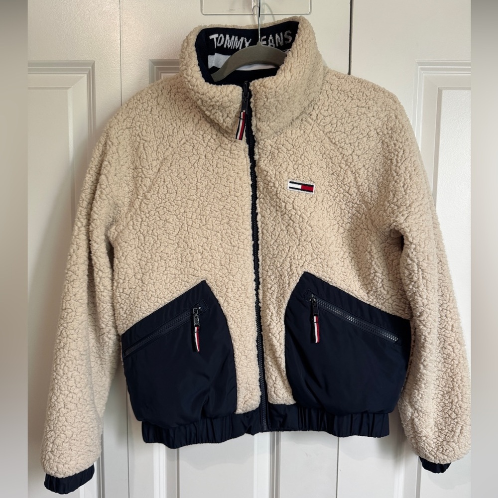 Tommy Jeans Reversible Sherpa Fleece Bomber Jacket Size XS Full Zip Pockets